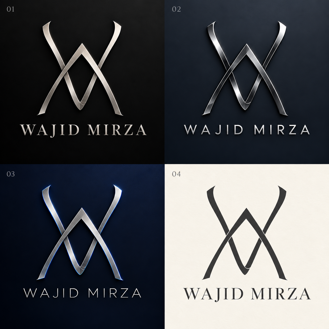 Wajid Mirza — brushed platinum interwoven WM monogram with the full name centered beneath.