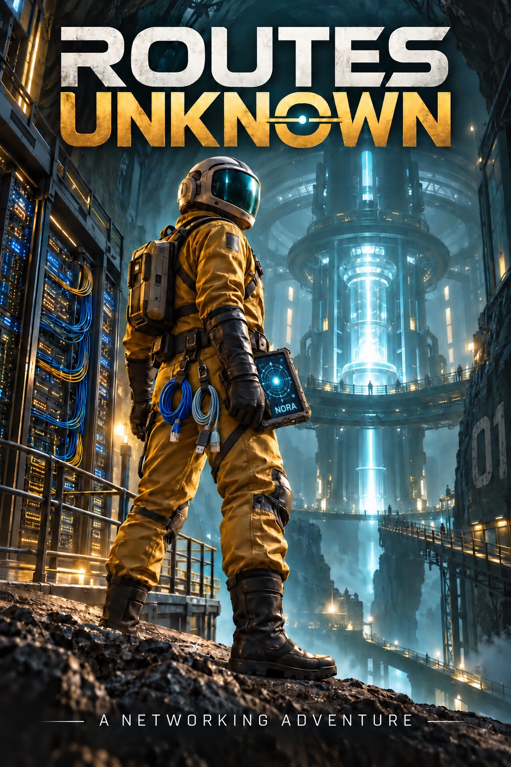 Routes Unknown concept artwork showing a suited explorer, network equipment and a glowing tower.